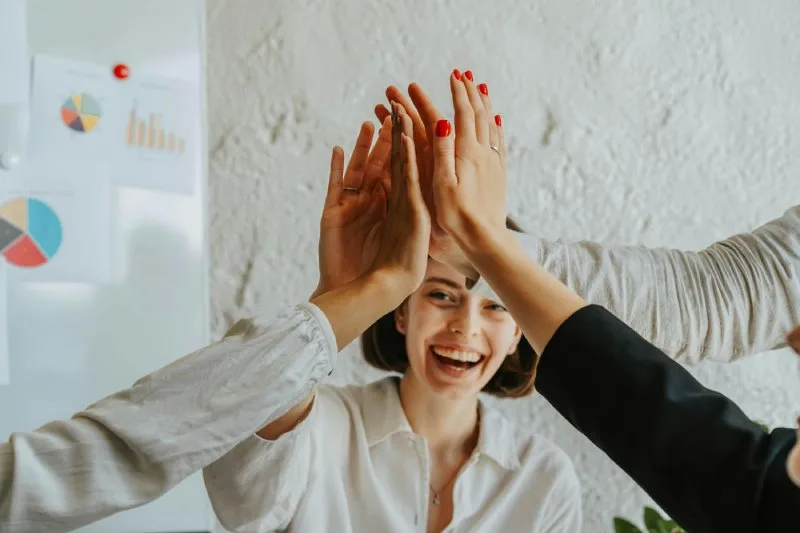 Smiling team celebrating SEO audit success with group high five.