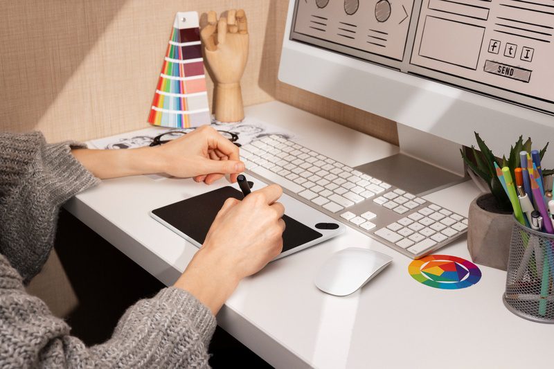 Graphic designer creating display ads on a desktop with digital tools.