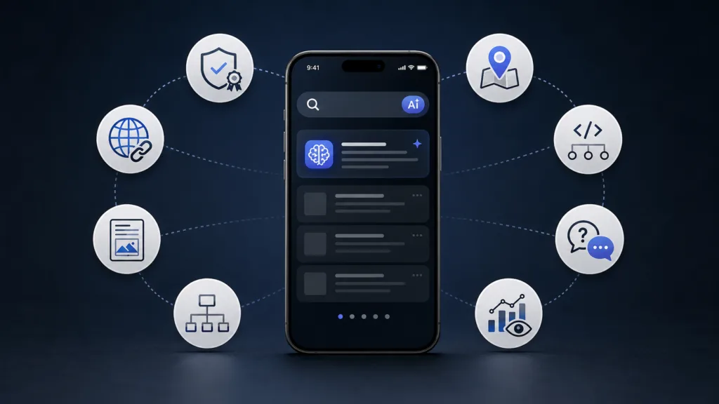 AI search interface on a smartphone surrounded by icons representing trust, authority, content, site structure, local visibility, schema, conversational search, and visibility metrics.