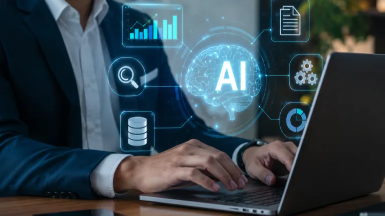Financial professional using laptop with AI readiness icons and analytics interface.