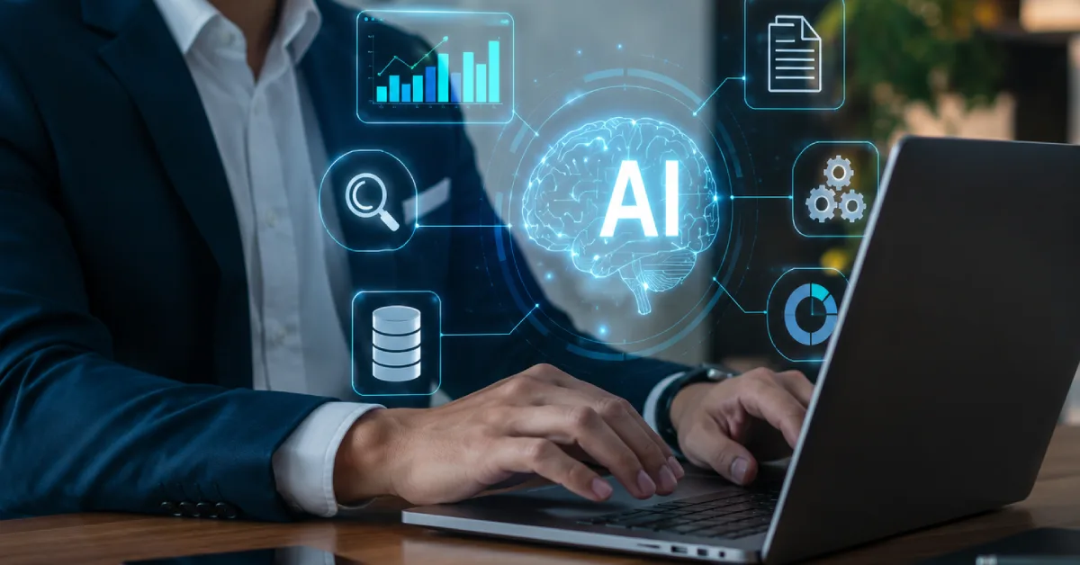 Financial professional using laptop with AI readiness icons and analytics interface.