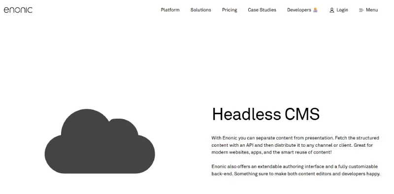 Enonic XP CMS homepage screenshot emphasizing headless content management, API delivery, and SEO-driven performance flexibility.