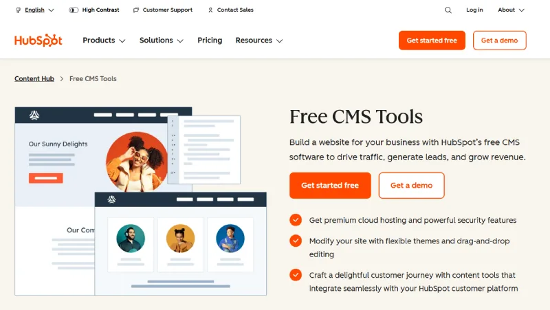HubSpot CMS homepage screenshot highlighting integrated CRM, built-in SEO recommendations, and secure website hosting features.
