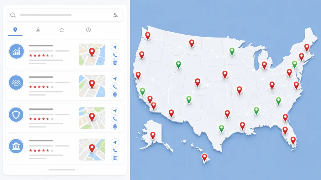 Google Maps-style local search results beside a U.S. map with location pins, representing multi-location RIA visibility across markets.