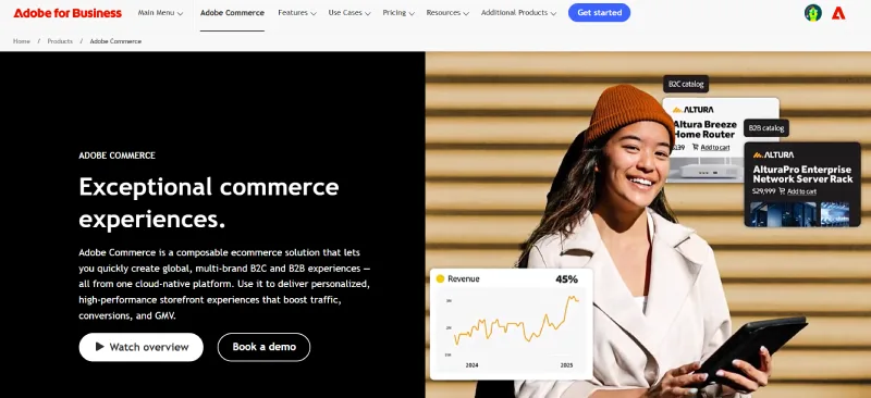 Magento CMS homepage screenshot showing Adobe Commerce platform with enterprise e-commerce SEO and product catalog tools.