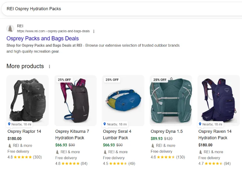 A screenshot of a Google Search result for REI Osprey Hydration Packs showing five different Osprey Packs with the top REI website result and a product overview.