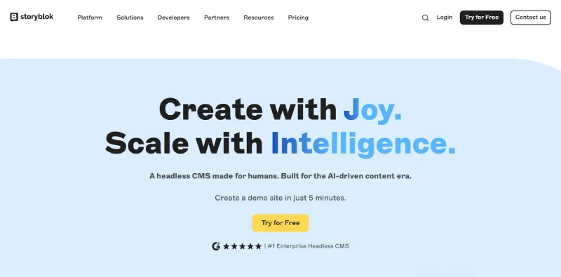 Storyblok CMS homepage screenshot highlighting headless architecture, visual editing, and SEO-driven content scalability.