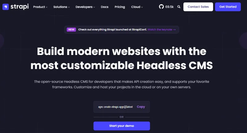 Strapi CMS homepage screenshot featuring customizable open-source headless content management and SEO performance flexibility.