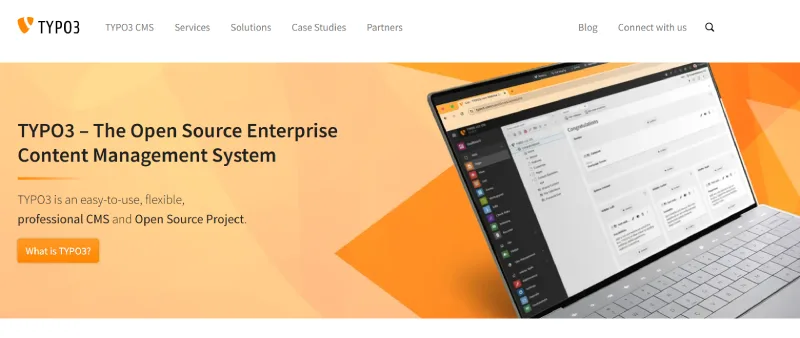 TYPO3 CMS homepage screenshot showcasing enterprise-grade multilingual management, security, and SEO optimization tools.