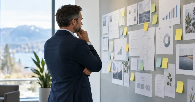eviewing content marketing strategy for financial advisors on a wall of charts and notes