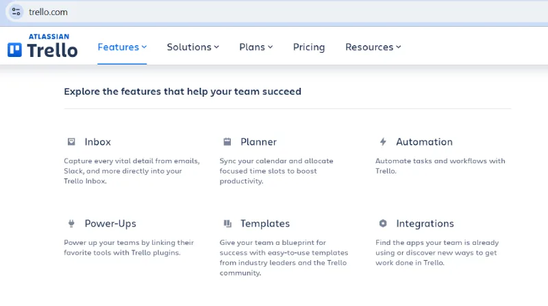 Screenshot showing Trello's core features: Inbox, Planner, Automation, Power-Ups, Templates, and Integrations.