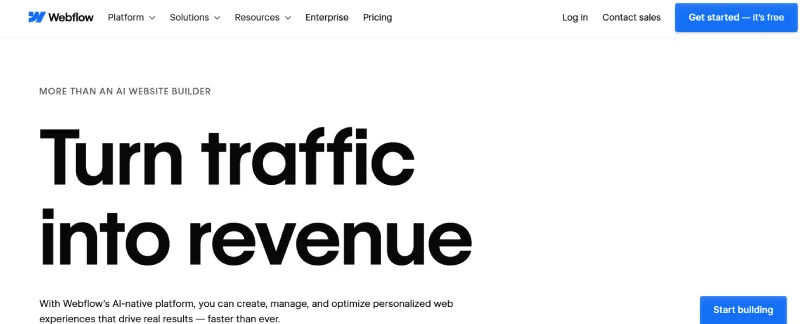 Webflow CMS homepage screenshot presenting an AI-powered website builder with clean code and advanced SEO tools.