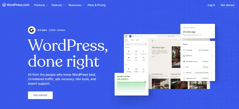 WordPress CMS homepage screenshot featuring popular website builder with plugins, themes, and SEO-friendly tools.