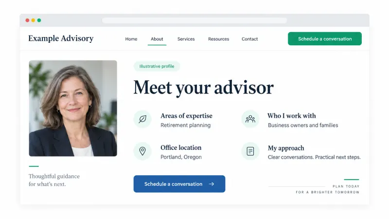 RIA advisor bio page with headshot, credentials, office location, and a scheduling call to action 