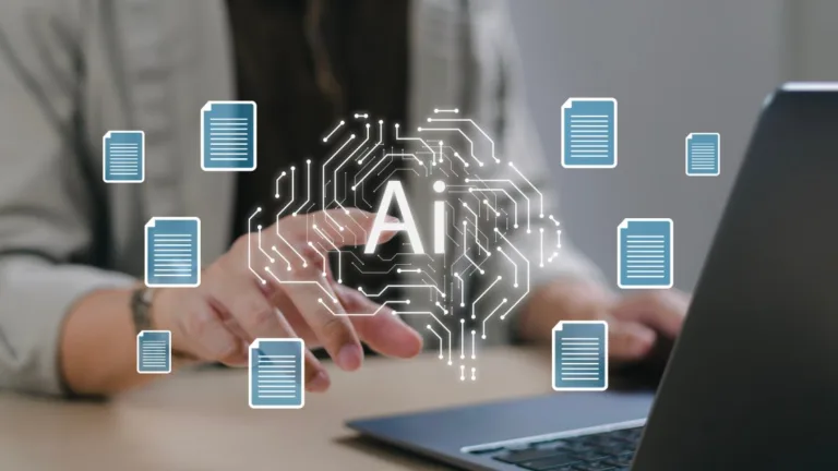 A marketer typing with floating blue document bubbles, symbolizing AI and content marketing.