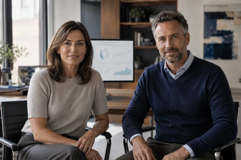 Two business people facing the camera with their ai-readiness information on screen behind them