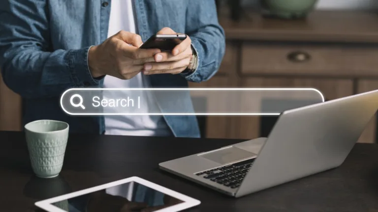 AI search optimization image showing a person using a smartphone with a search bar overlay, representing the online search process