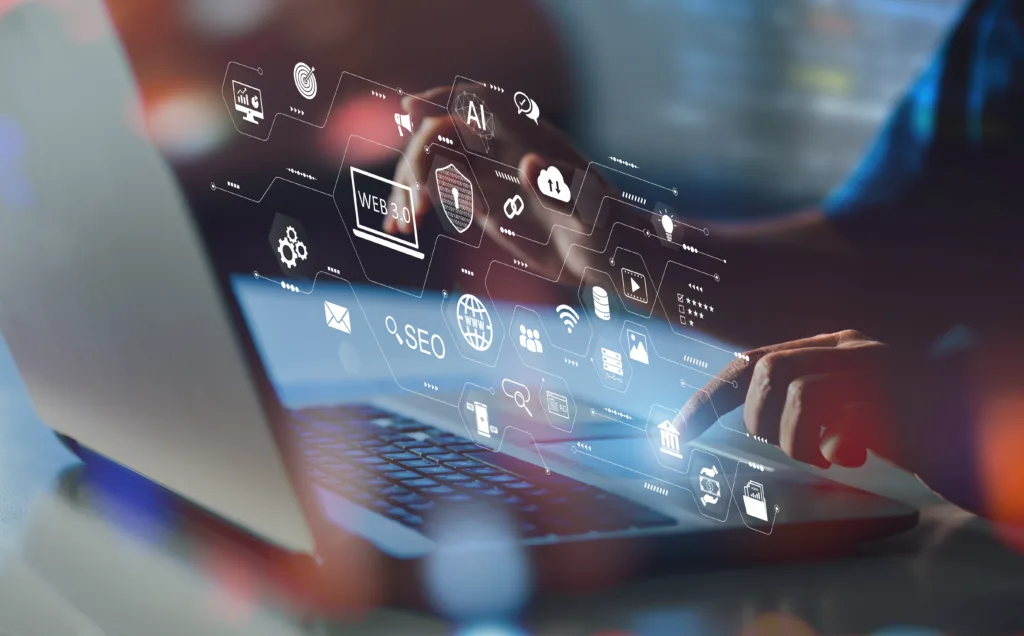 Person using laptop with holographic SEO, AI, and Web 3.0 icons.