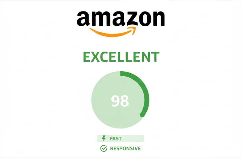 Screenshot showing an "EXCELLENT" page speed test score of 98 for Amazon, rated as fast and responsive.