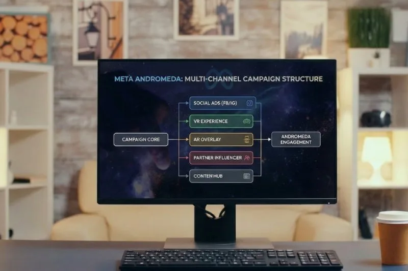 Meta Andromeda multi-channel campaign structure diagram showing consolidated ad delivery framework