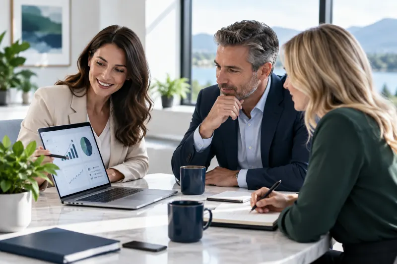 Advisory team reviewing marketing plan performance data and charts during a strategy meeting