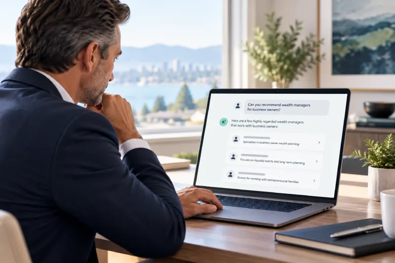 Prospect asking an AI assistant to recommend a wealth manager for business owners
