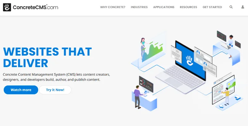 Concrete CMS homepage screenshot showing content management features, highlighting SEO tools for creators and businesses.