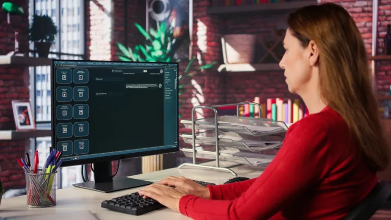 Content strategist analyzing AI readiness metrics and visibility performance on a desktop computer