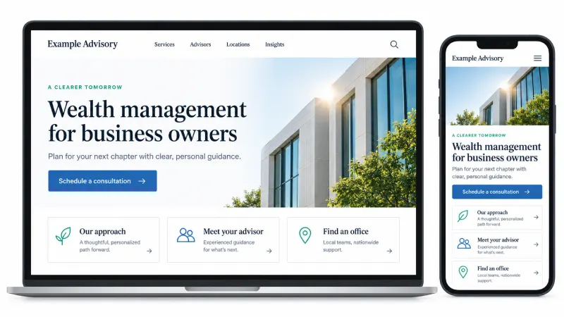 Financial advisor website homepage on laptop and mobile showing a clear value proposition and navigation 
