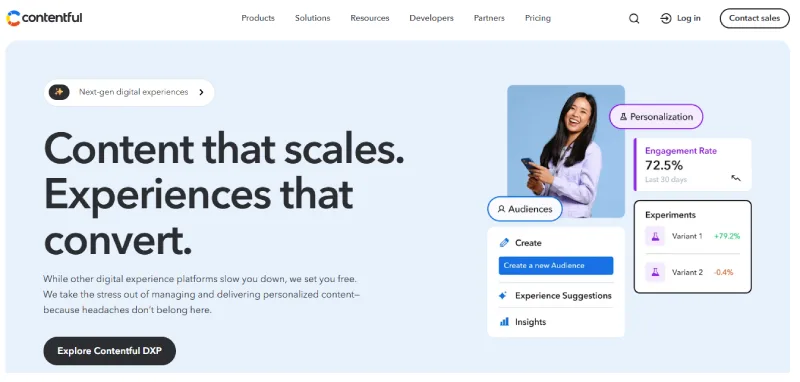 Contentful CMS homepage screenshot displaying scalable content delivery, personalization, and SEO optimization for digital experiences.