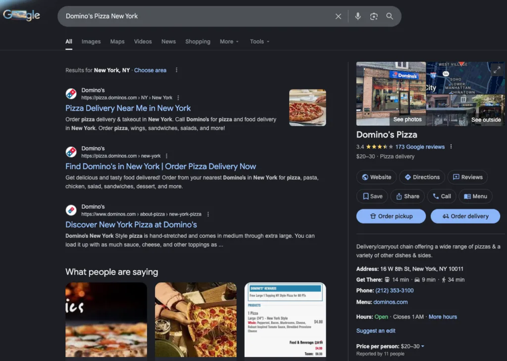 Google search page showing results and a knowledge panel for a Domino’s Pizza location.