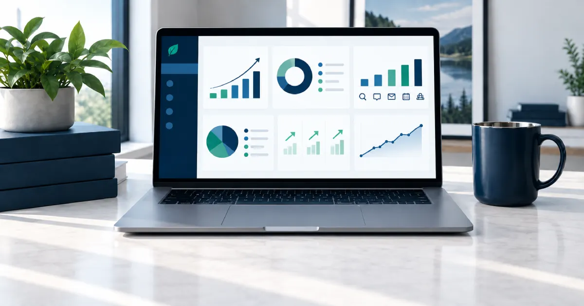 Laptop screen displaying marketing performance dashboard with growth charts and pipeline metrics