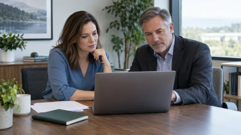Financial advisor and client reviewing information together on a laptop during an in-person consultation