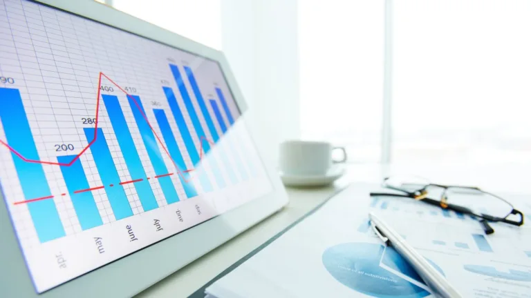 Financial services marketing performance dashboard showing monthly pipeline and revenue trend data