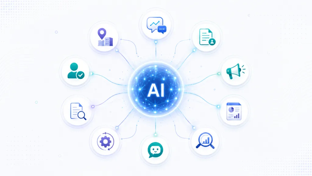 AI icon connected to finance, marketing, research, and workflow automation symbols.
