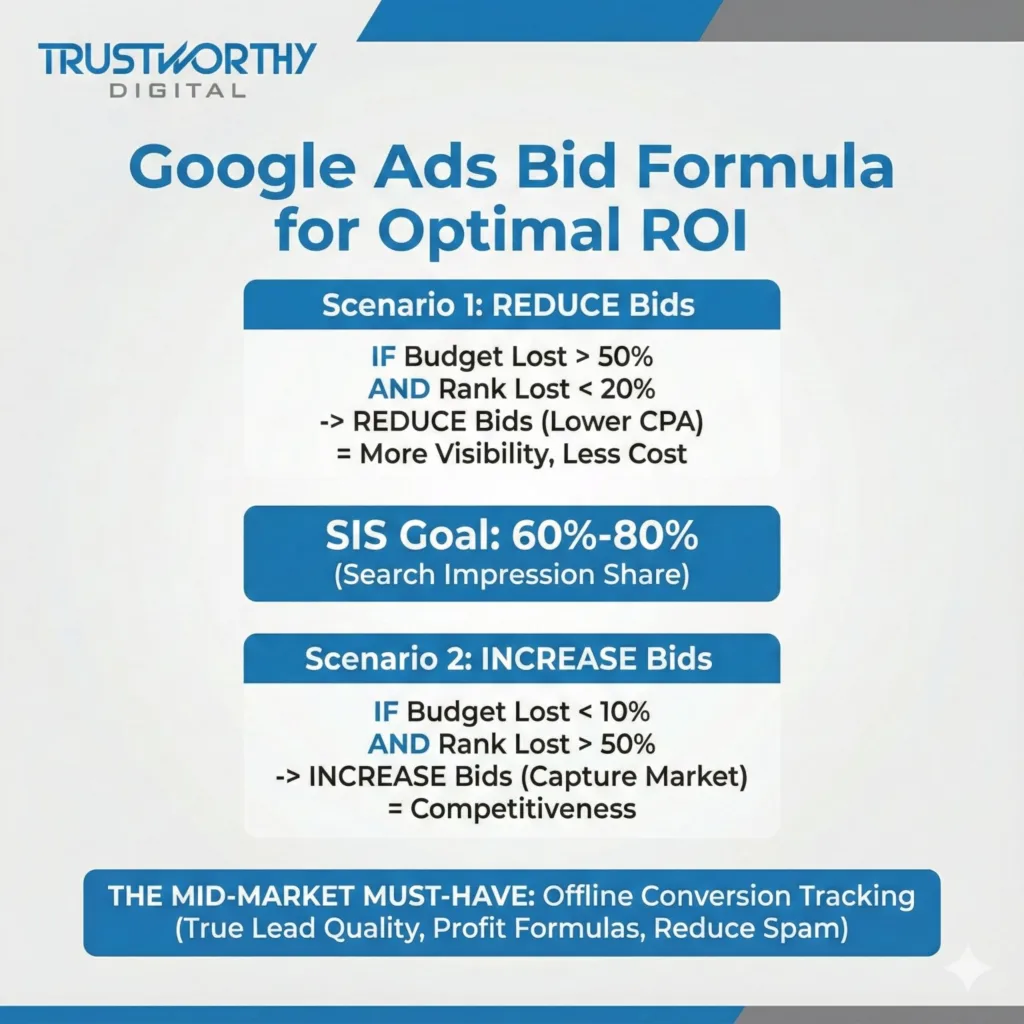 Google Ads bidding formula showing when to increase or reduce bids using Search Impression Share, Search Lost to Budget, and Search Lost to Rank
