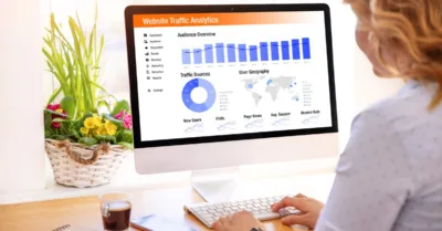 Analyst reviews website traffic analytics on desktop, monitoring audience overview, traffic sources, and user geography KPIs.