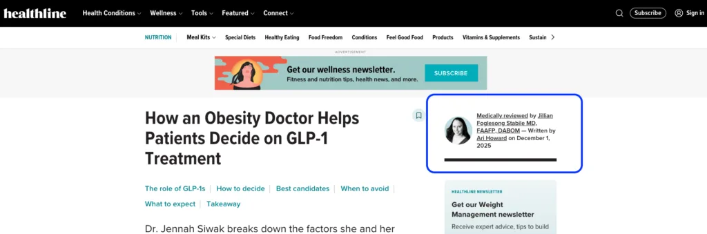Healthline article showing author byline with credentials, medical reviewer information, and last-updated date clearly displayed.