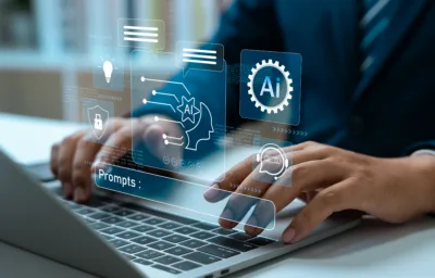 Person using a laptop with holographic AI icons and a prompt bar.