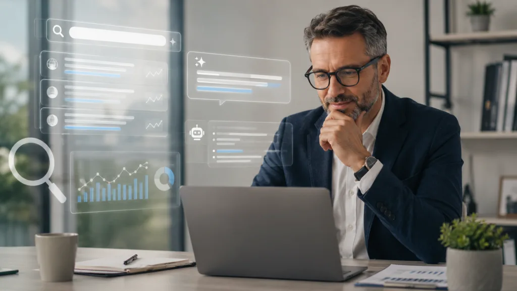 Financial advisor reviewing AI search results and visibility analytics on a laptop in a modern office.