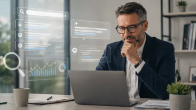 Financial advisor reviewing AI search results and visibility analytics on a laptop in a modern office.