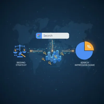 Infographic of Google Ads bidding and search impression share metrics over a dark world map background.