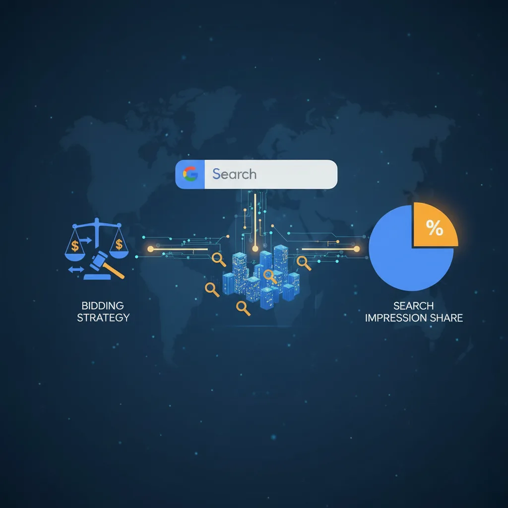Infographic of Google Ads bidding and search impression share metrics over a dark world map background.