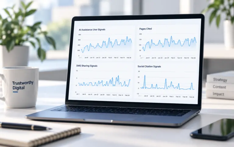 Trustworthy Signals dashboard displaying AI user signals, pages cited, SMS sharing, and social citation activity.