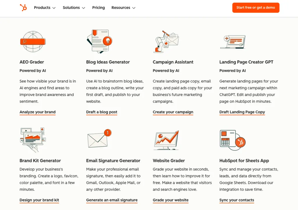 HubSpot free tools page with a list of AI-powered marketing tools.