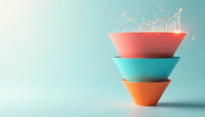 A 3D illustration of a three-tiered marketing funnel against a light teal background.