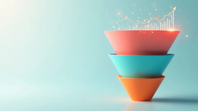 A 3D illustration of a three-tiered marketing funnel against a light teal background.
