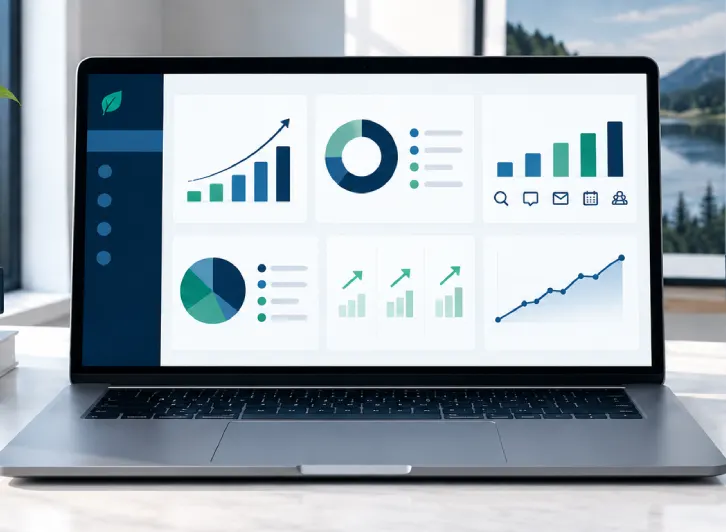 Laptop screen displaying marketing performance dashboard with growth charts and pipeline metrics 