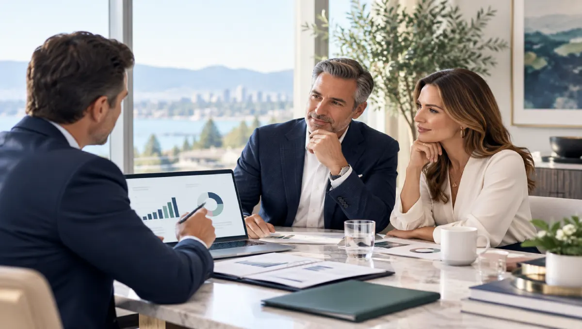 Advisor reviews a wealth plan with high-net-worth clients during an in-person consultation