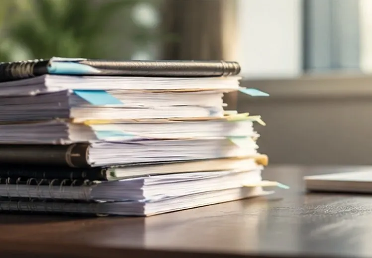 Disorganized paperwork and planning materials on an office desk, illustrating common marketing mistakes that can hinder RIA growth.
